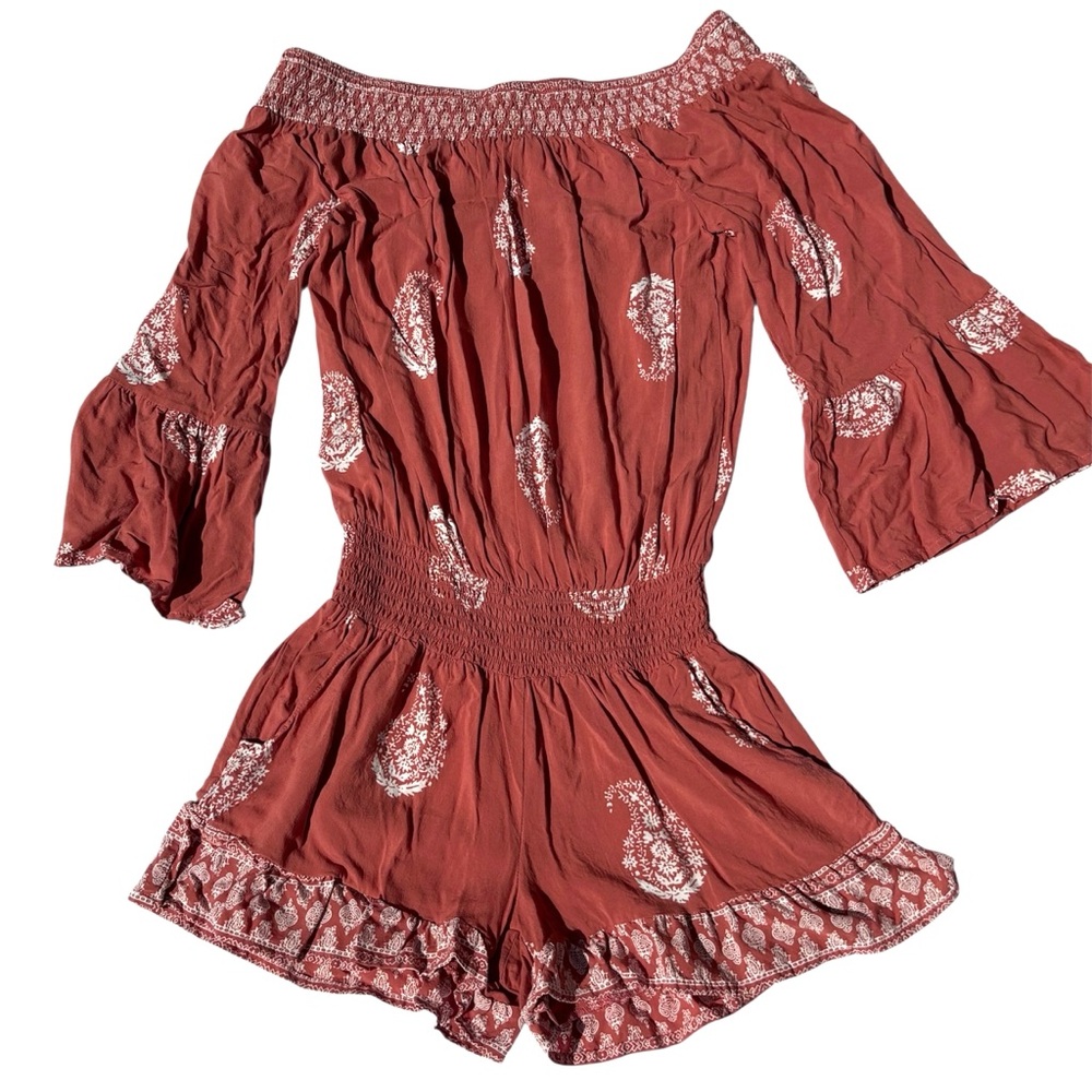 Lascana for Venus XS Paisley Terra Cotta Coral Romper Bell Sleeves Smock Waiste